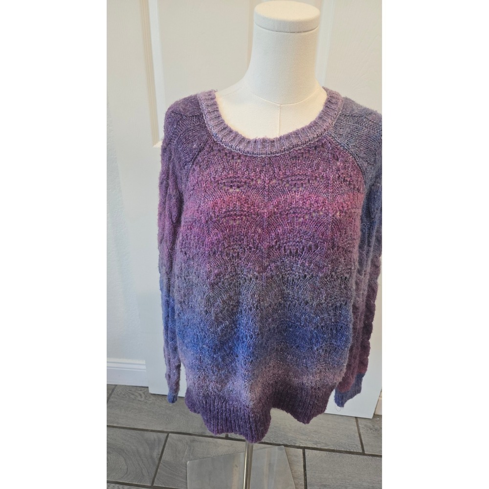 Knox Rose Purple Blue Ombre Pointelle Cable Knit Wool Blend Sweater Womens L